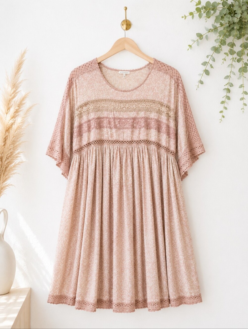 Olivaceous Blush Pink Boho Babydoll Dress | Lace Trim Cottagecore | Size S - Picture 5 of 7
